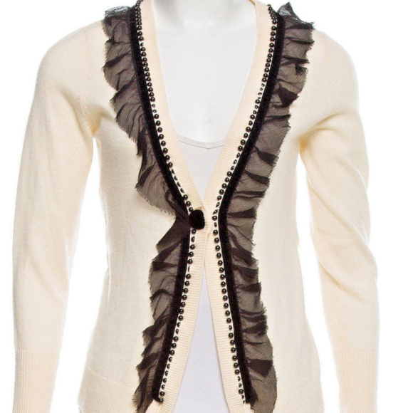 Nanette Lepore Lace & Pearl Trim Cardigan Sweater | Velvet Button | Size L - Picture 1 of 3